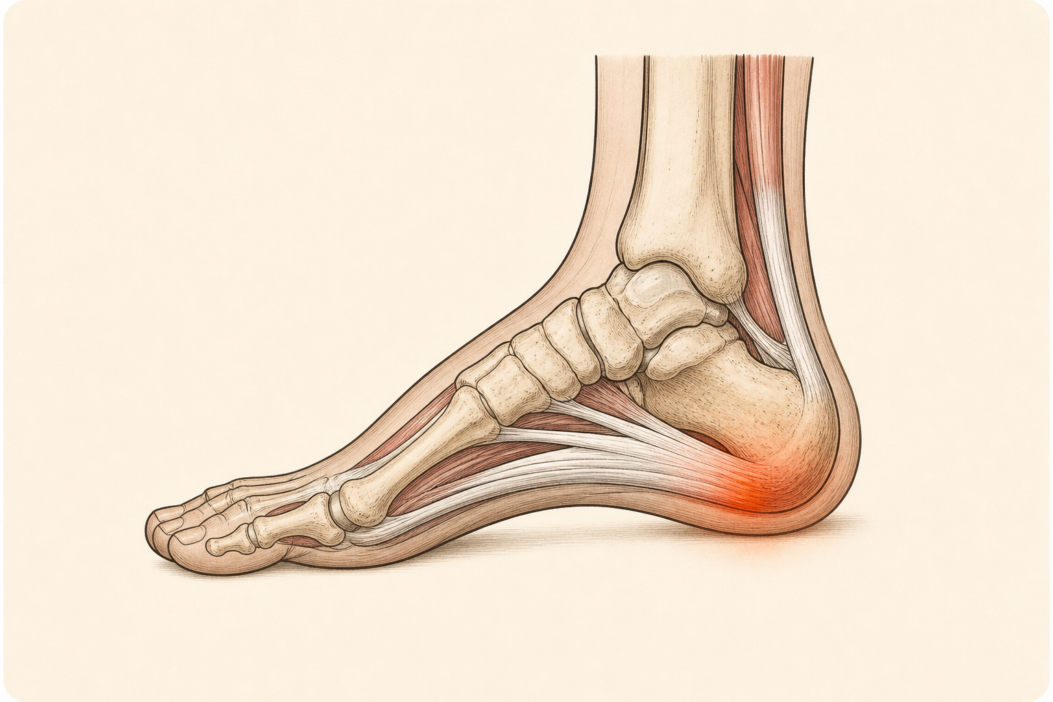 Side-profile anatomical illustration of a foot with the heel area highlighted