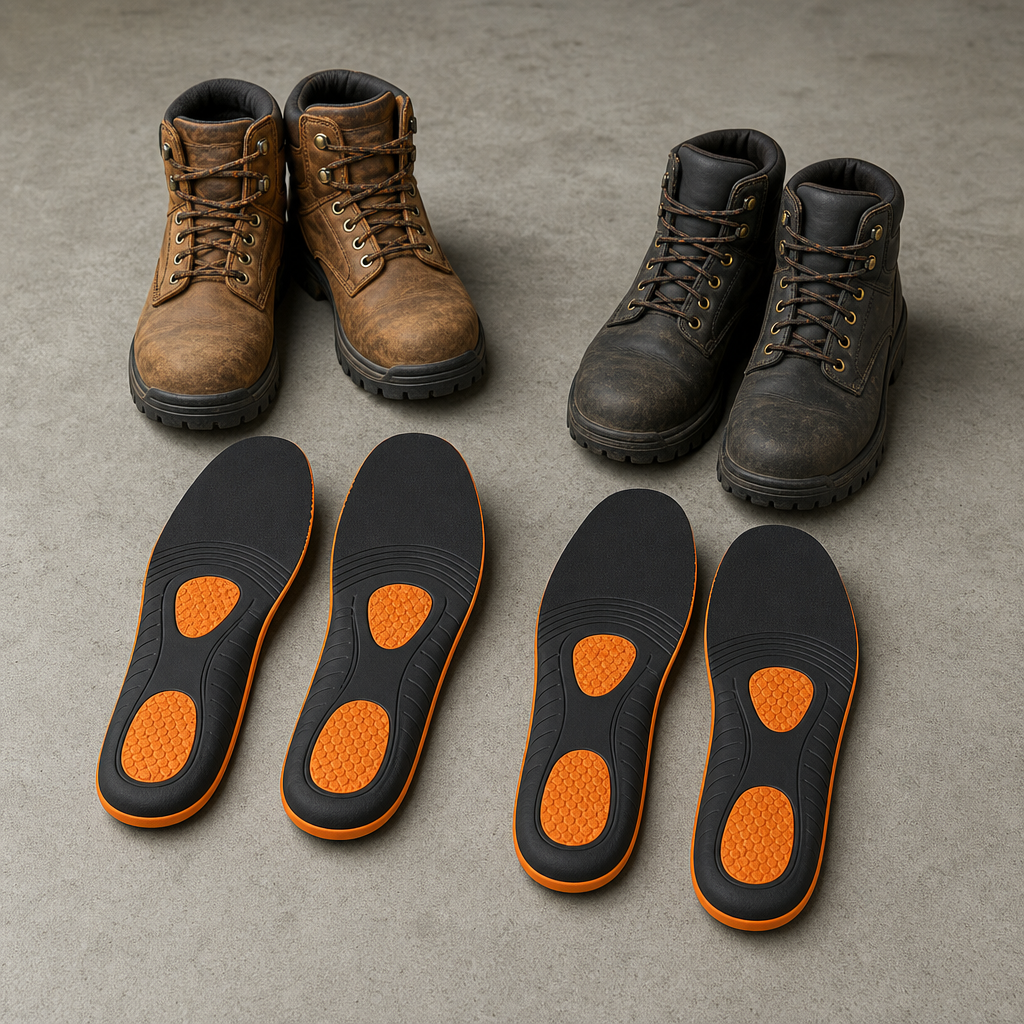 Two pairs of WorkFit insoles beside work boots