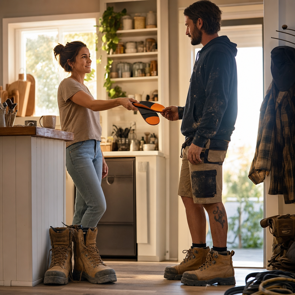 Partner handing WorkFit insoles to a tradie before work