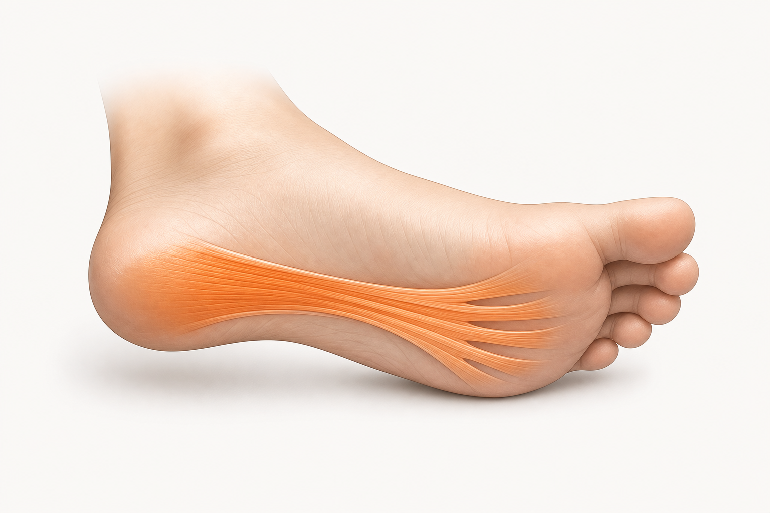 Educational illustration showing the plantar fascia along the underside of a foot