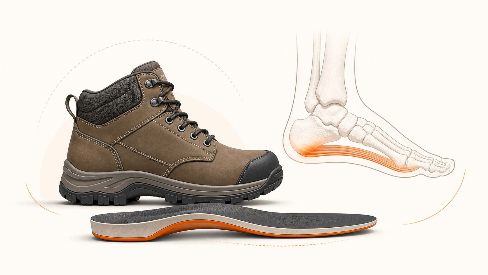 Educational illustration of a work boot and removable insole with a simplified plantar fascia line highlighted