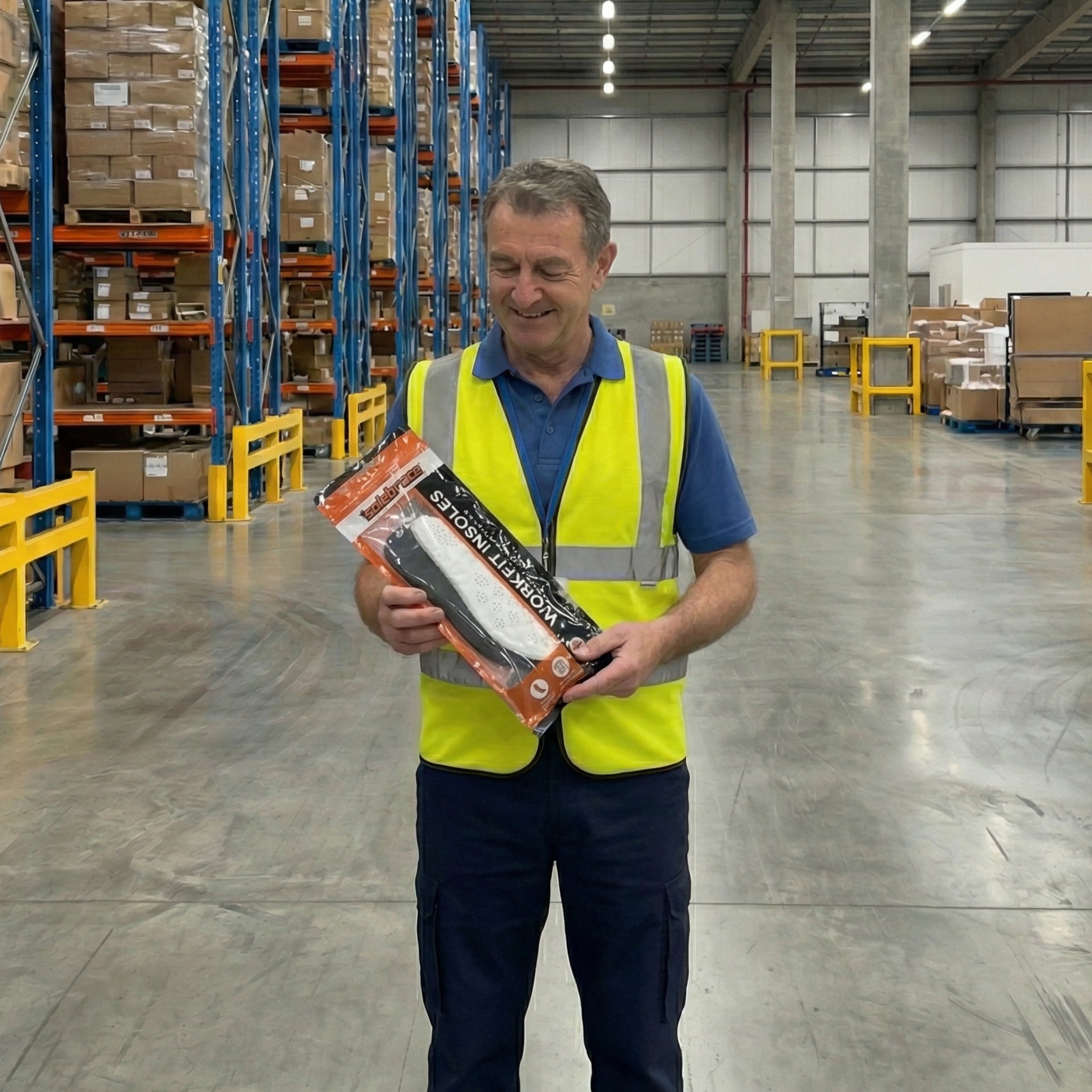 Worker holding a pair of workfit performance insoles