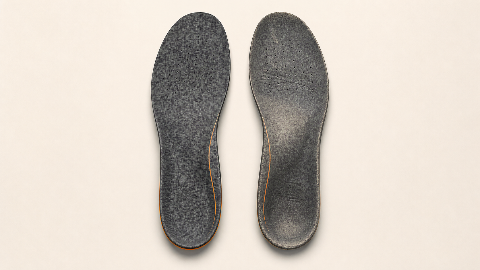 Two work-boot insoles, one newer and one visibly worn, shown from above
