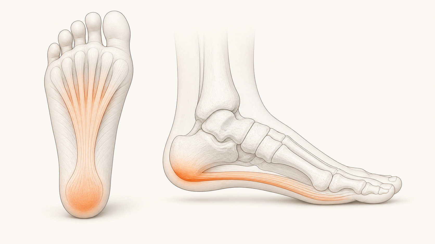 Educational illustration of a foot with the plantar fascia band highlighted from heel to forefoot