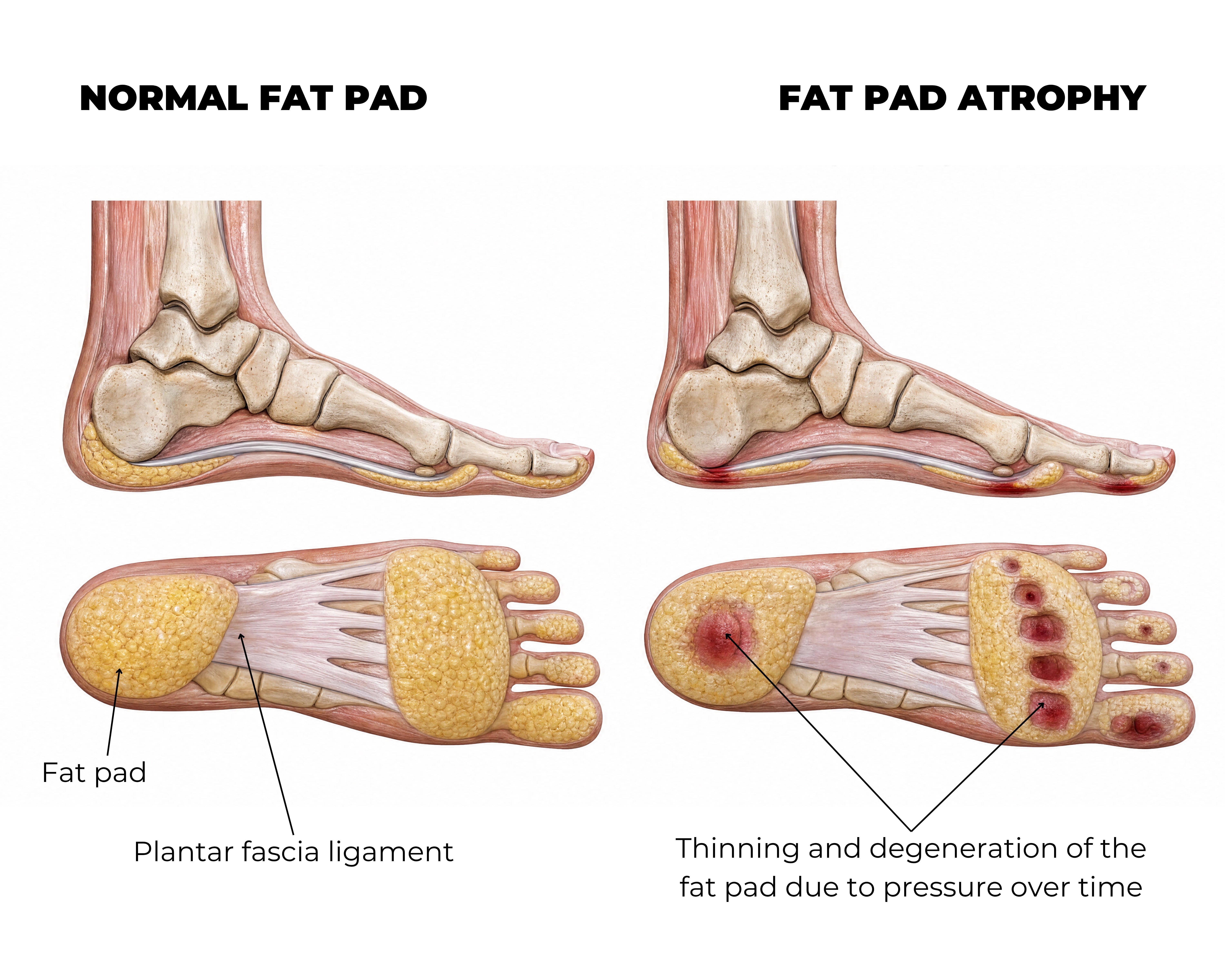 Normal fat pad compared with fat pad atrophy caused by repeated pressure over time