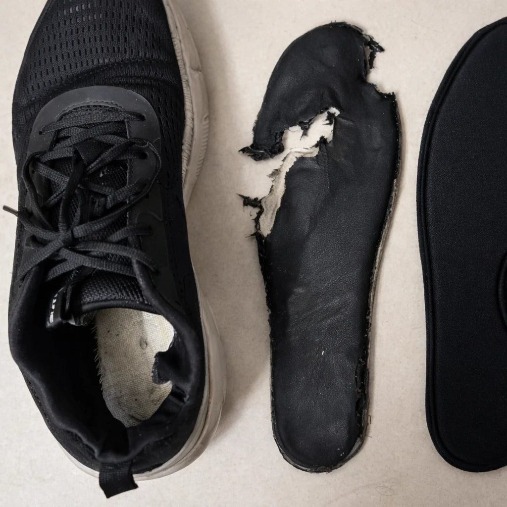 Worn stock shoe insole beside a replacement insole