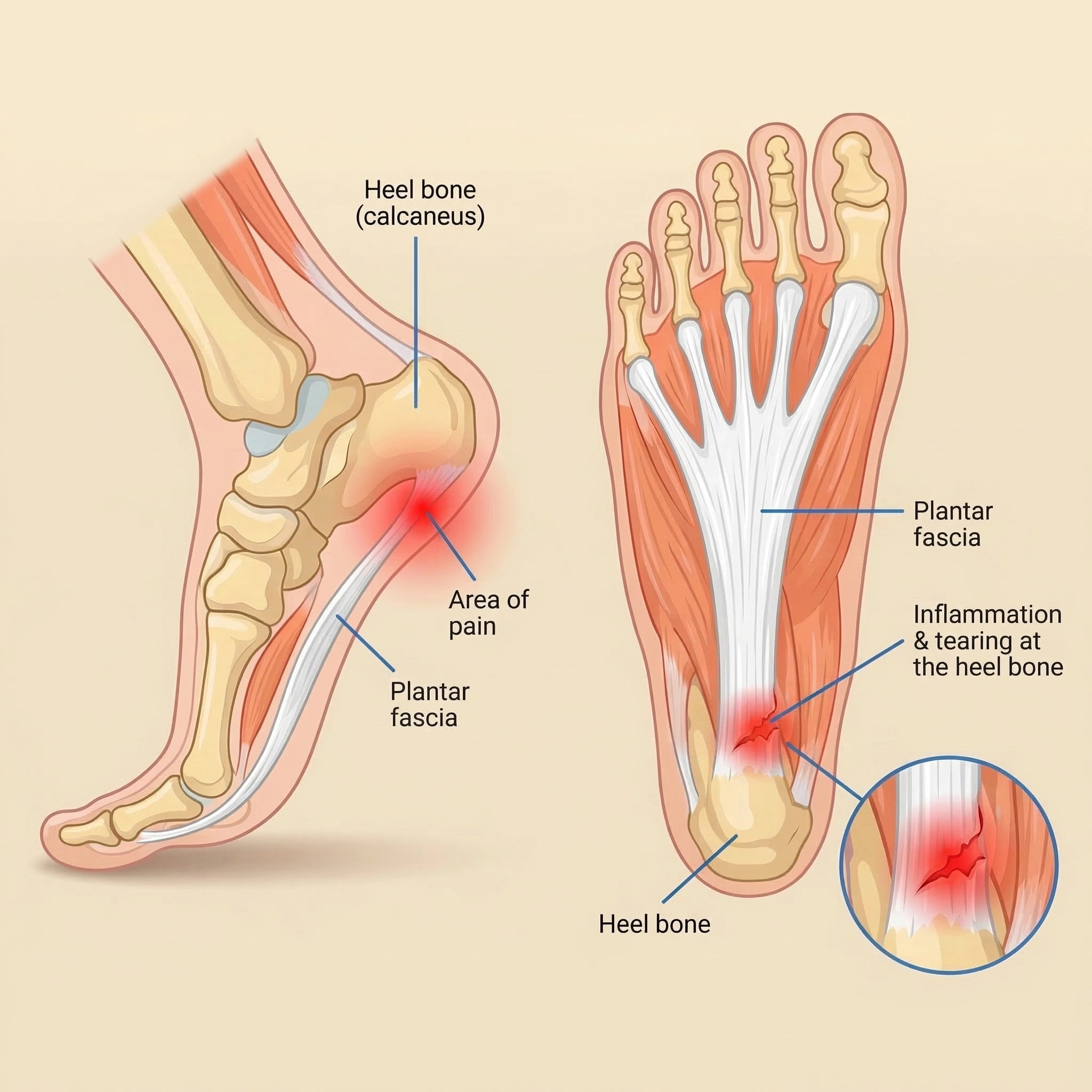Plantar fascia anatomy showing heel bone, area of pain, and inflammation