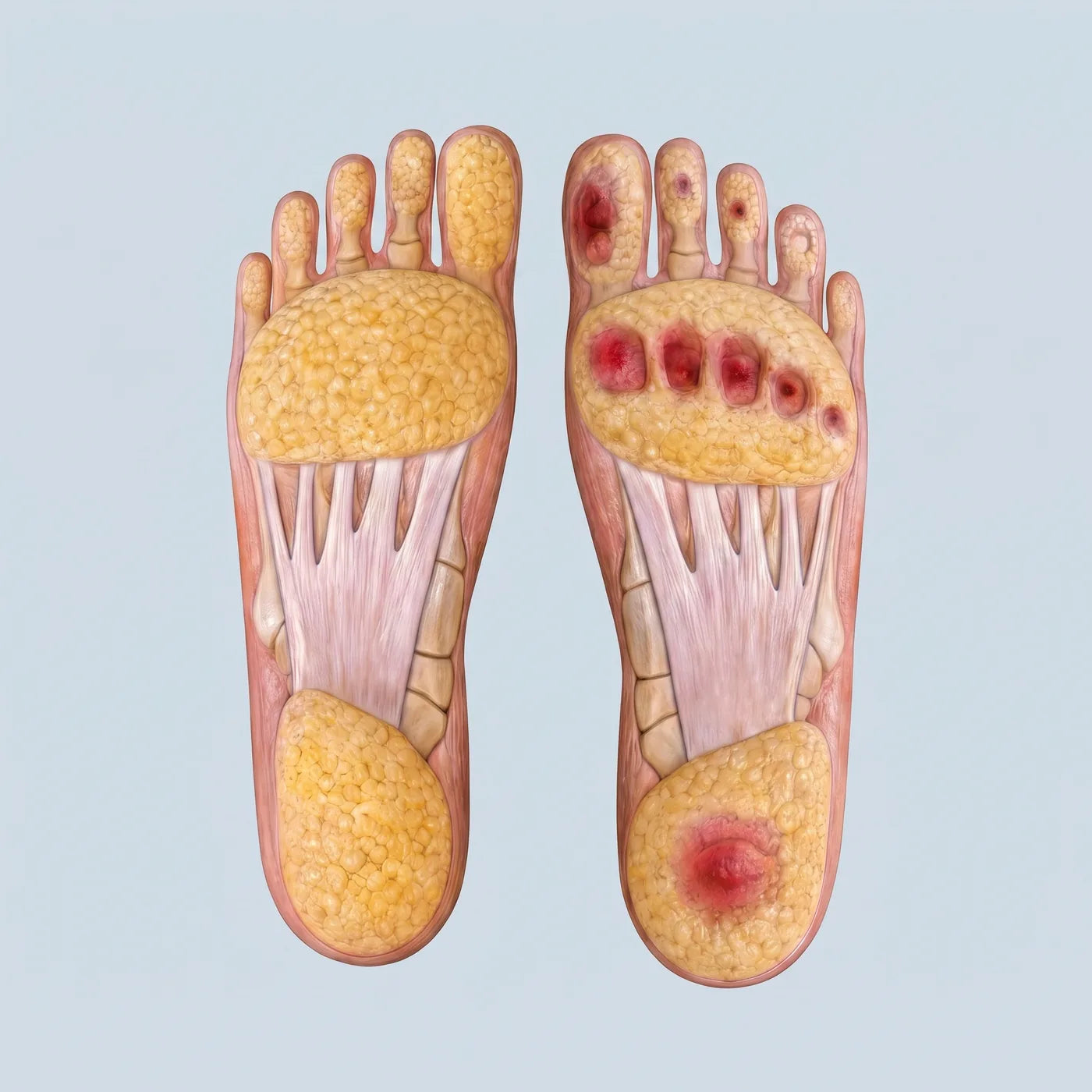 Foot pressure points showing collapse fatigue under the forefoot and heel