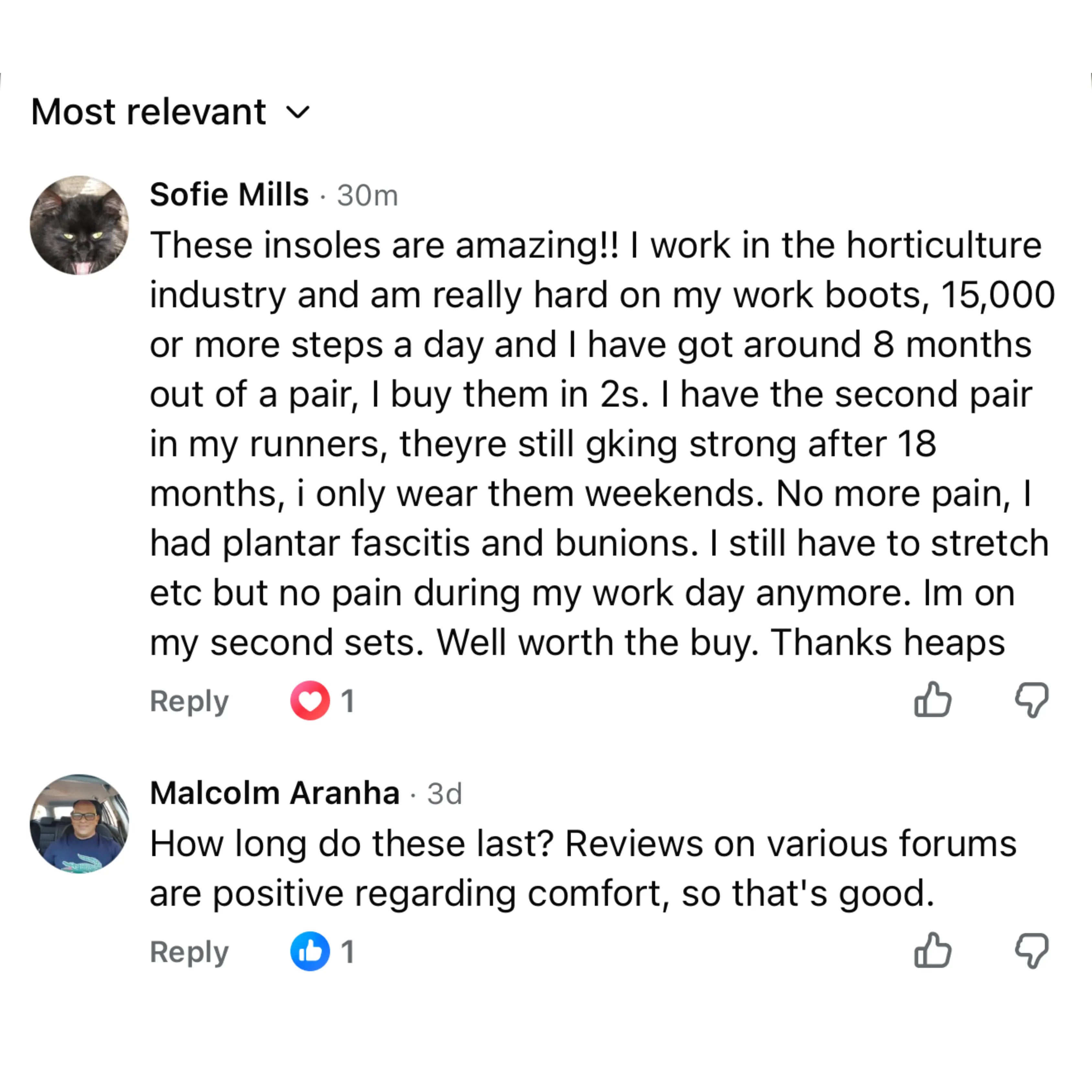 Customer Facebook comment about WorkFit Insoles, screenshot 9 of 11