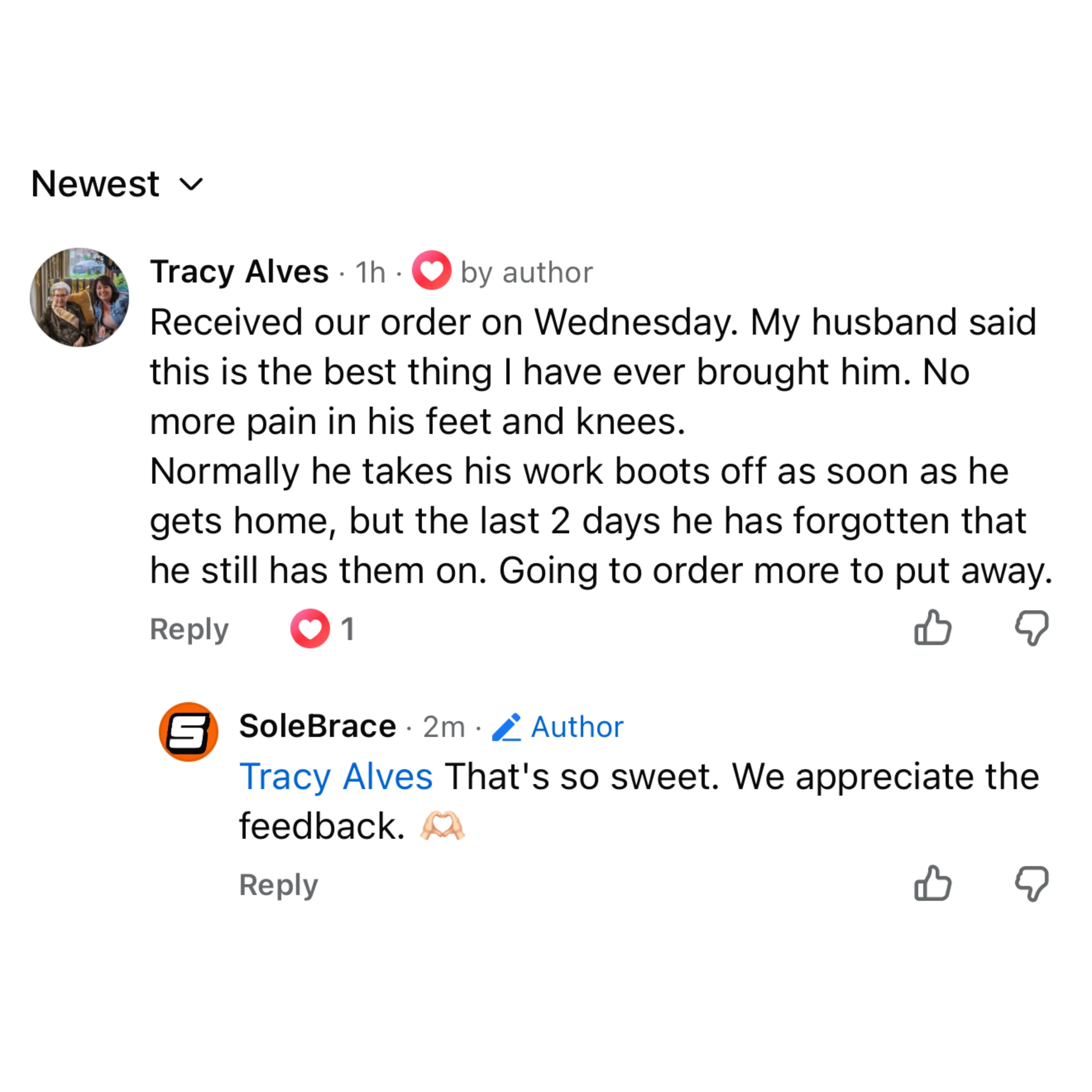 Customer Facebook comment about WorkFit Insoles, screenshot 10 of 11